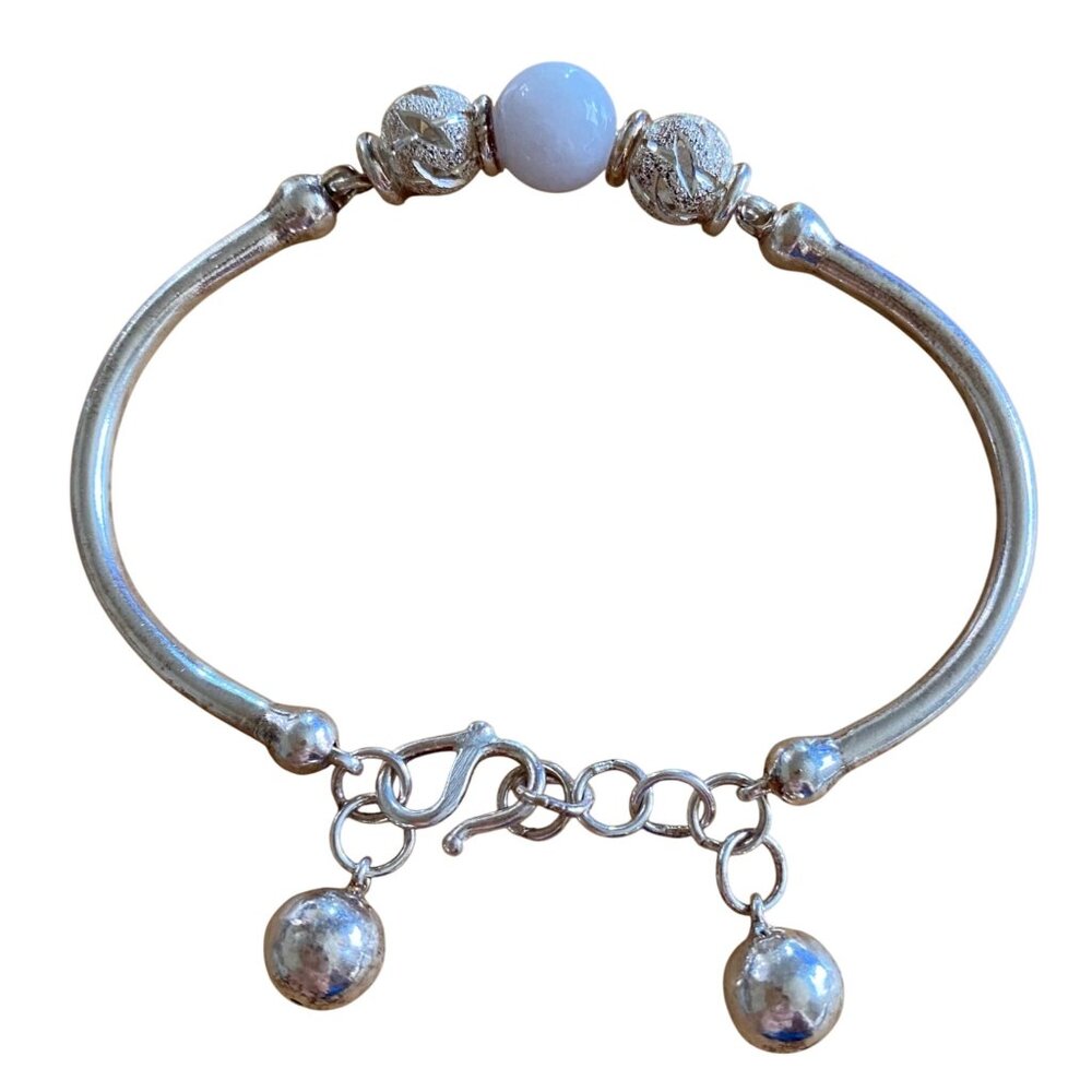 Sterling Silver Bracelet With White Bead & Ball Charms Adjustable Hook Closure